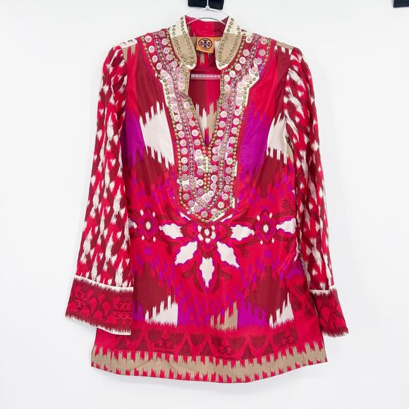 Tory Burch Iveta Embellished Ikat Silk Tunic Top Pink Red Resort Womens Size 2 - Picture 3 of 12